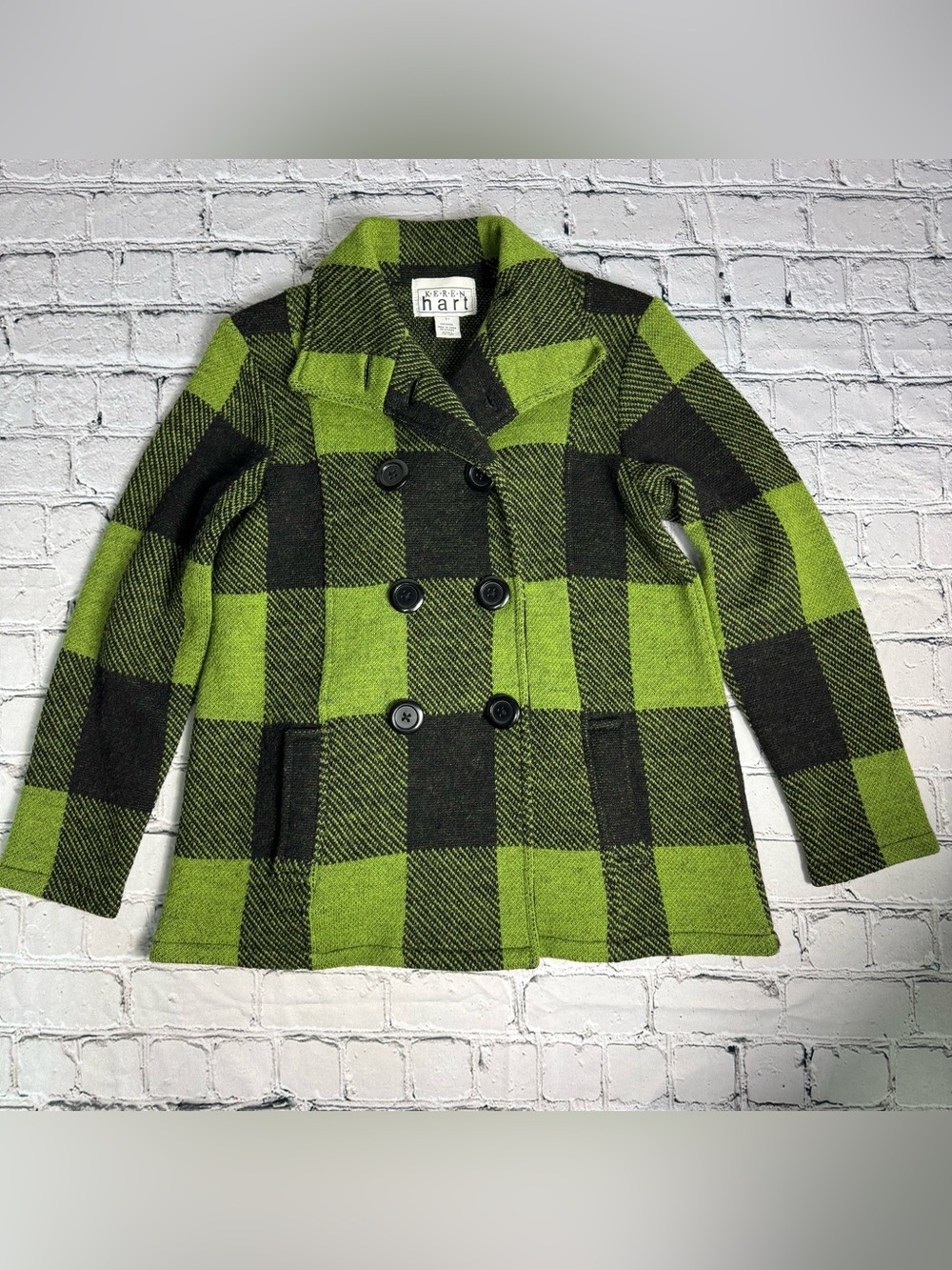 Vtg 90s Y2K Keren HartGreen Black Plaid Double-Breasted Peacoat 100% Wool Size S